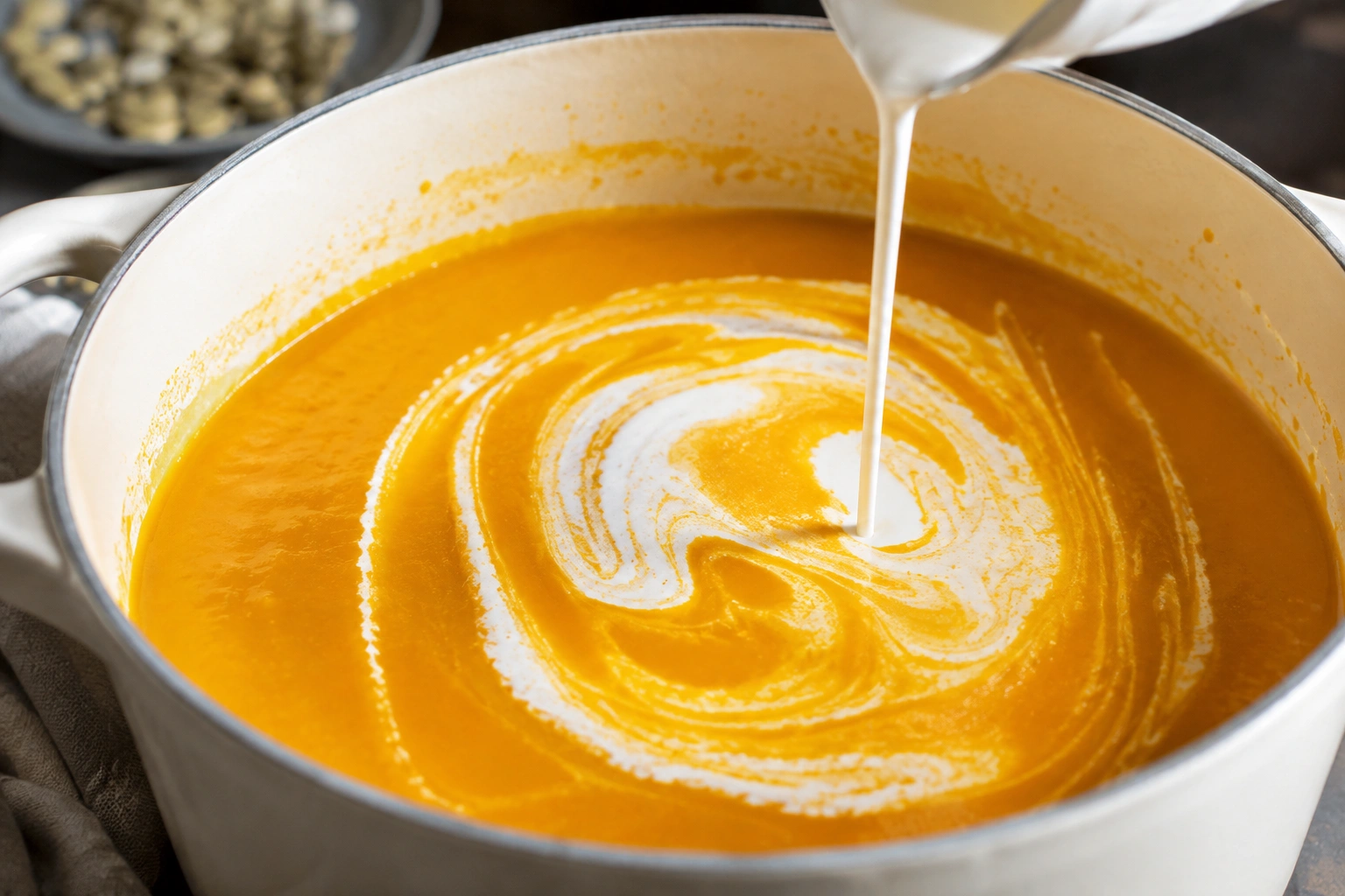 Swirling cream into the warm blended pumpkin soup